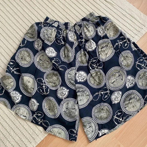 Vintage - Pure Silk Nautical Themed Oversized Shorts Dark Blue - Picture 3 of 15